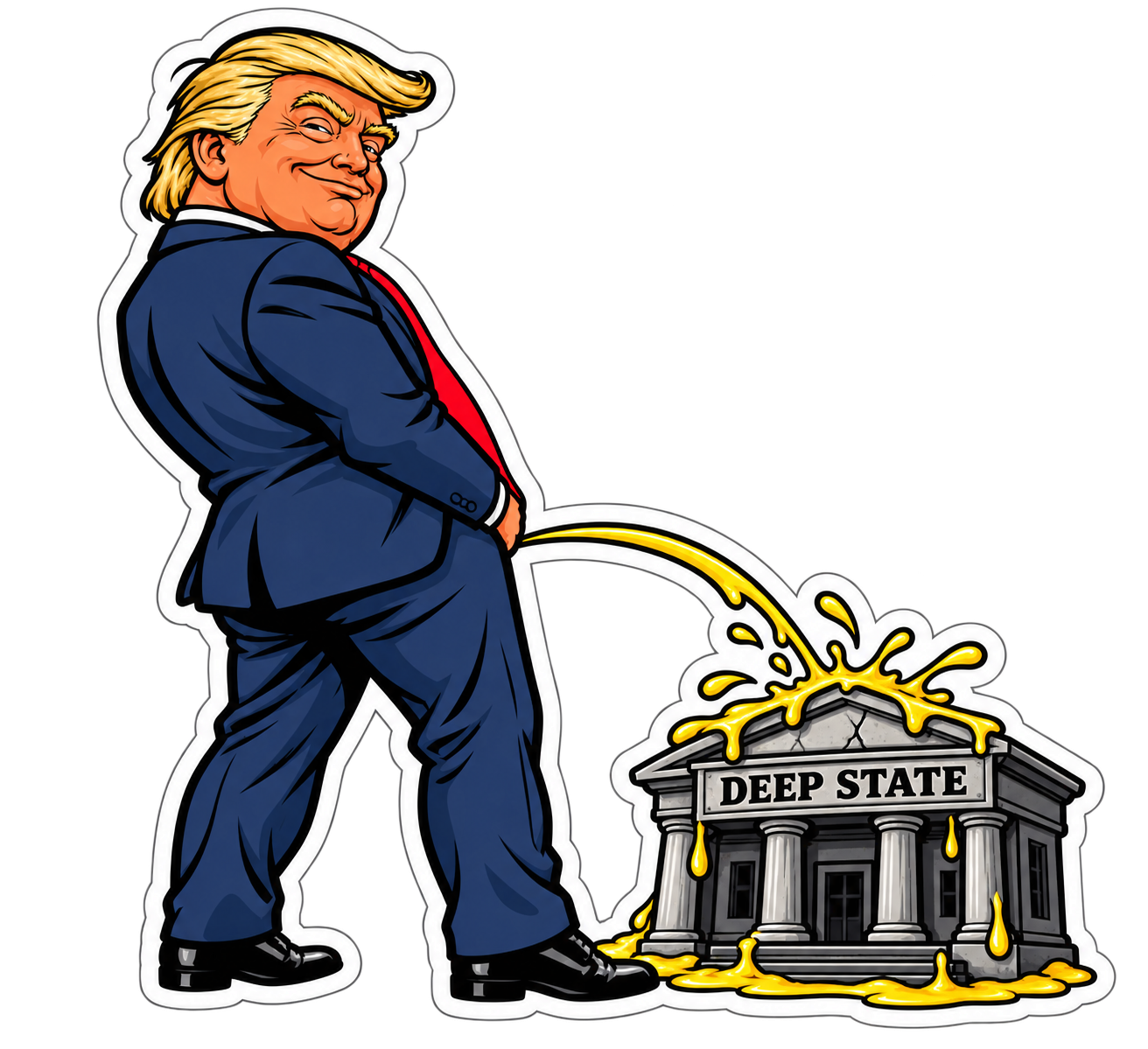 Original cartoon of a fully clothed Trump peeing on a building marked Deep State